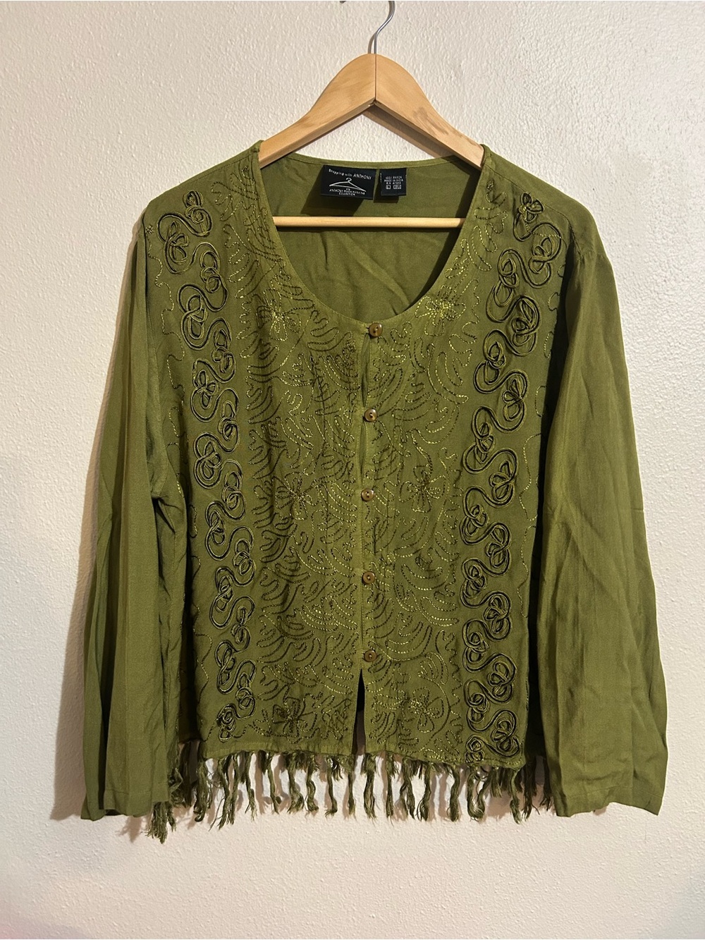 Olive Green Floral Embroidered Fringe Women’s Button Down Top Lightweight Jacket